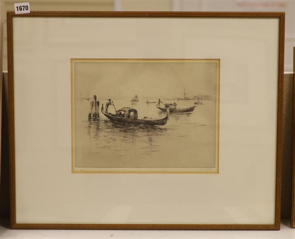 English School, etching, Gondoliers off Venice, indistinctly signed, 33/95, 23 x 30cm and a print by Joy Goldkind